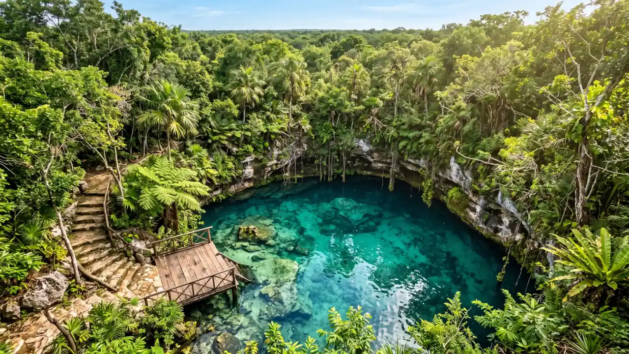 Crystal-clear cenote surrounded by lush tropical jungle in the Yucatán Peninsula, Mexico, representing the region's natural beauty and lifestyle.