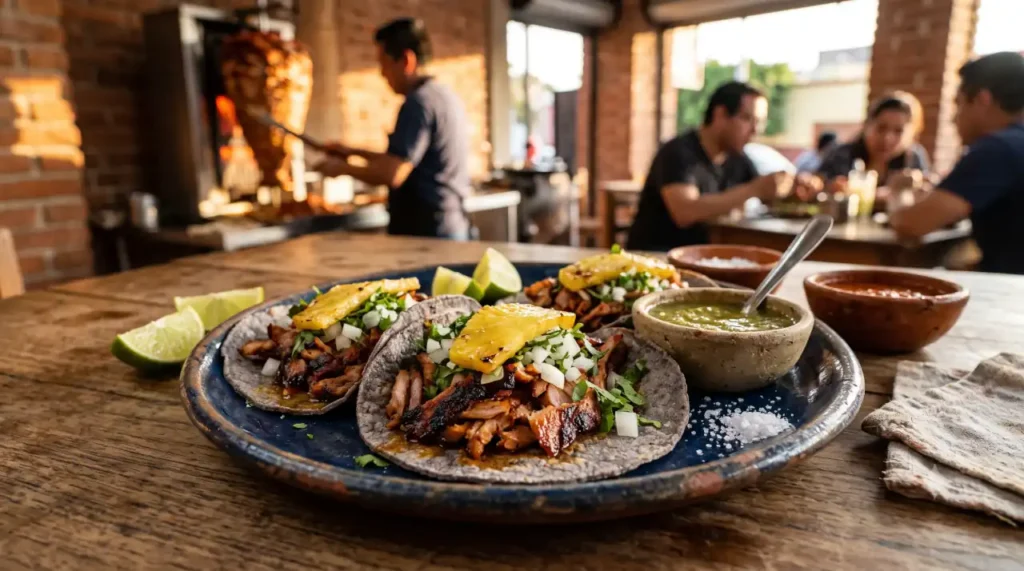 Authentic tacos al pastor served at a local taqueria in Guadalajara with pineapple, cilantro, onion, and salsa