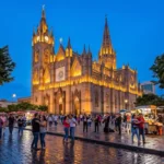 Templo Expiatorio del Santísimo Sacramento illuminated during a lively weekend evening in Guadalajara, Mexico
