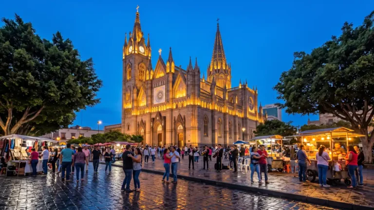 Templo Expiatorio del SantÃsimo Sacramento illuminated during a lively weekend evening in Guadalajara, Mexico