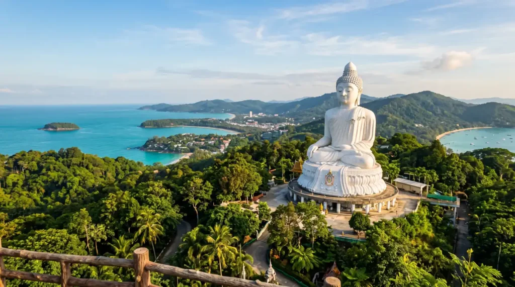 Big Buddha overlooking Phuket from Nakkerd Hill with panoramic views across the island.