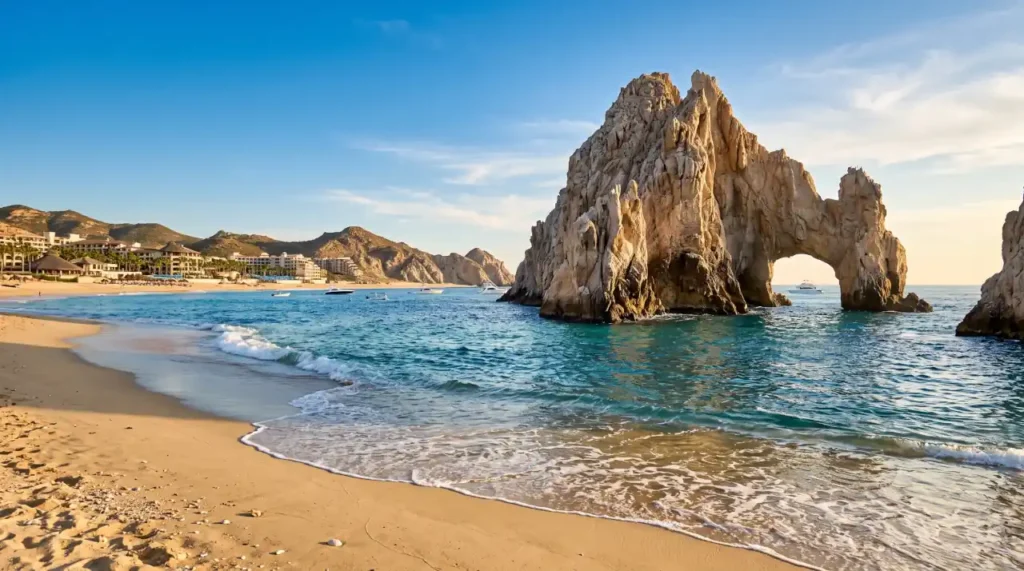El Arco rock formation and the coastline of Cabo San Lucas during golden hour.