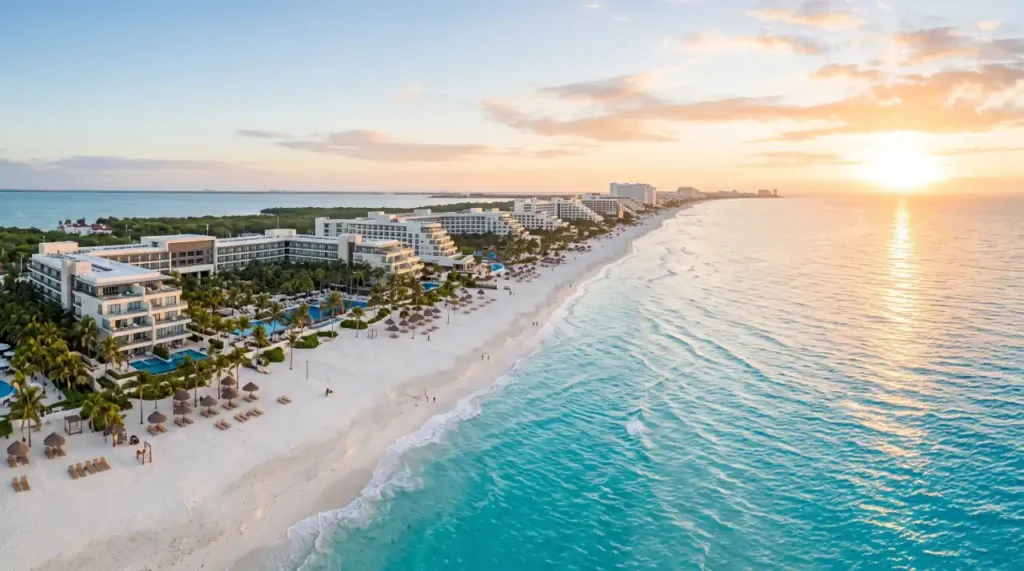 Luxury beachfront resorts overlooking the turquoise Caribbean Sea in Cancún's Hotel Zone at sunrise.