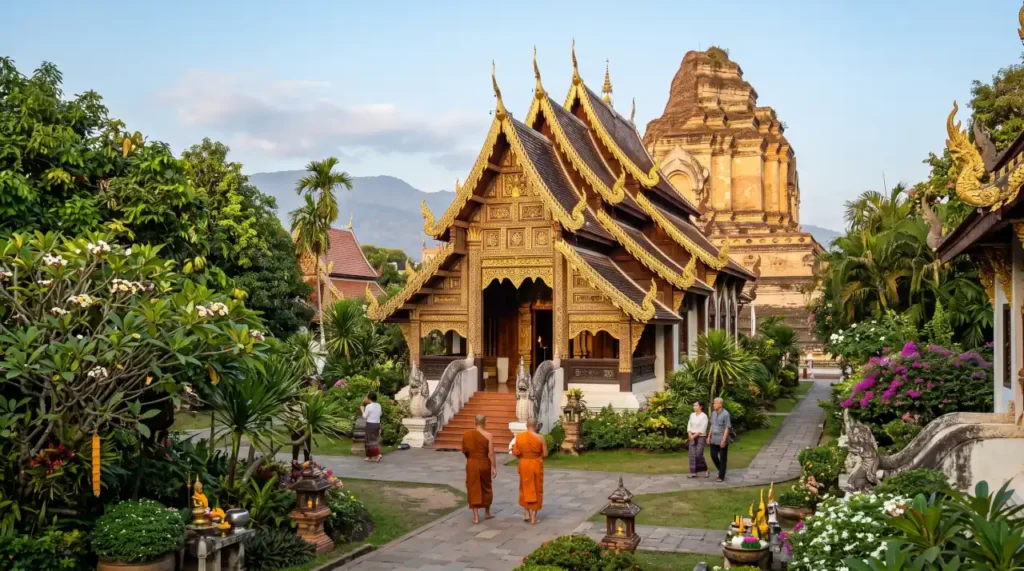 Traditional Buddhist temple in Chiang Mai illuminated by warm morning sunlight.