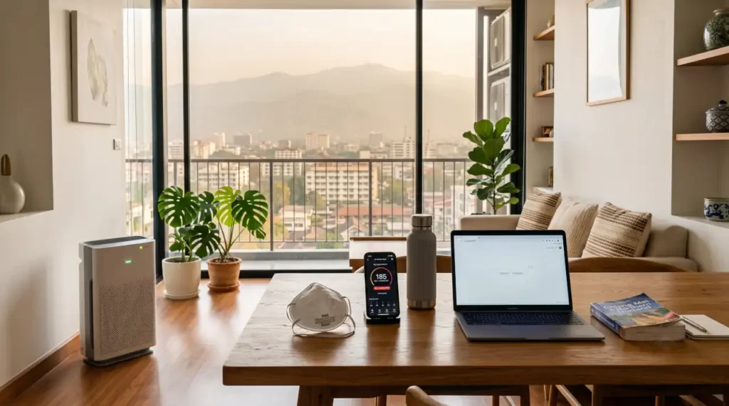 Expat preparing for Chiang Mai's burning season with an air purifier and air quality monitoring.