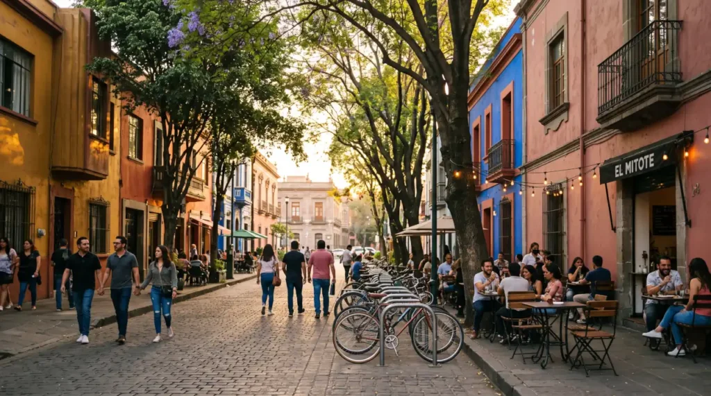 Outdoor cafés and cocktail bars in Colonia Americana during golden hour in Guadalajara