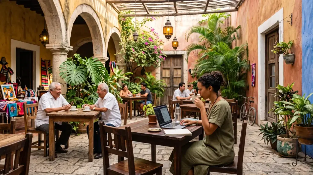 A peaceful colonial courtyard café in Mérida, Mexico, where a remote worker enjoys the relaxed atmosphere surrounded by tropical plants and historic architecture.