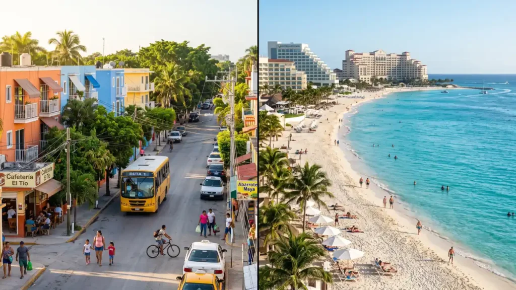 Split-view comparison of Downtown Cancun and the Hotel Zone, showing everyday residential neighborhoods alongside the beachfront resort district.