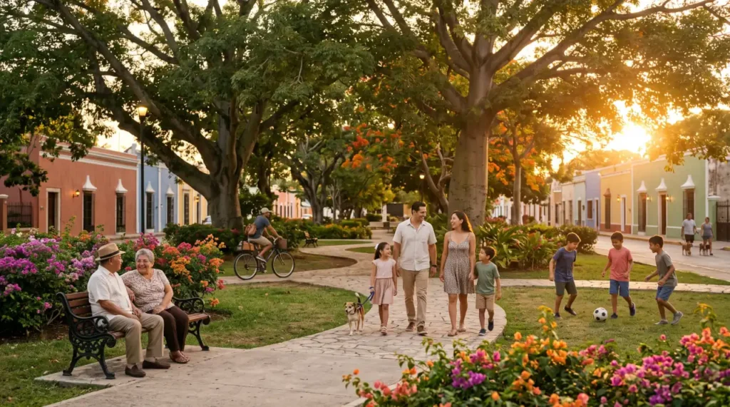 Families and residents enjoying a neighborhood park in Mérida, Mexico, during the evening, reflecting the city's relaxed lifestyle and strong sense of community.