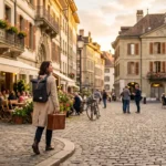 Traveler exploring a beautiful European city with historic architecture, representing life abroad as an expat or immigrant.