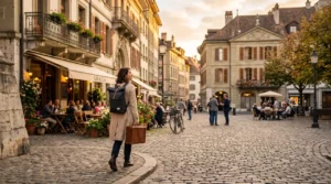 Traveler exploring a beautiful European city with historic architecture, representing life abroad as an expat or immigrant.