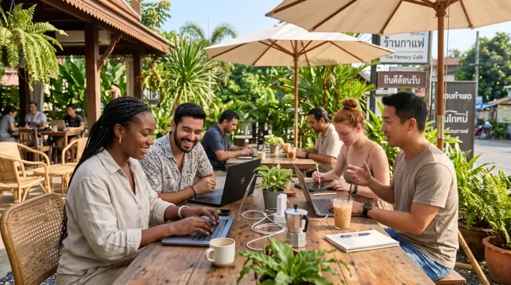 International remote workers using laptops at an outdoor café in Thailand on a sunny day.