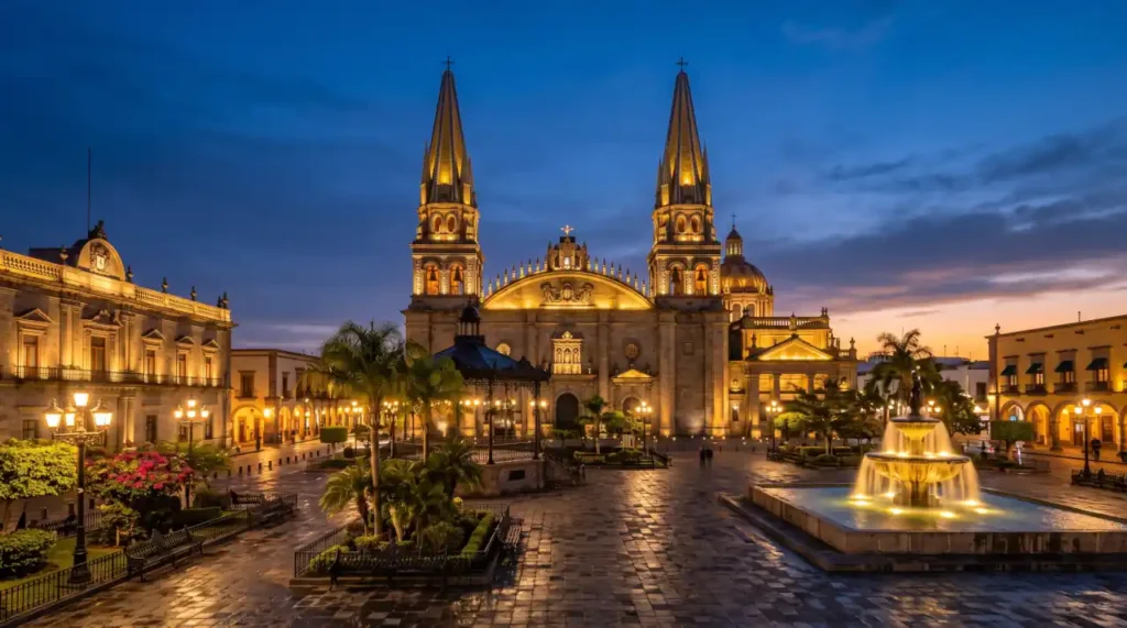 Guadalajara Cathedral illuminated during blue hour overlooking Plaza de Armas.