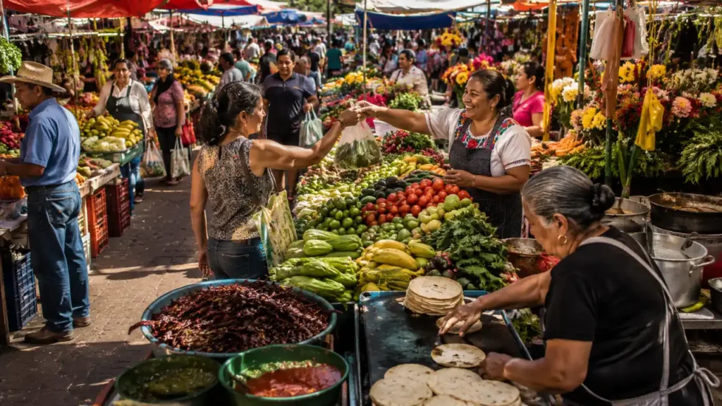 Fresh fruit, vegetables, and local produce for sale at a traditional outdoor market in Guadalajara, Mexico.