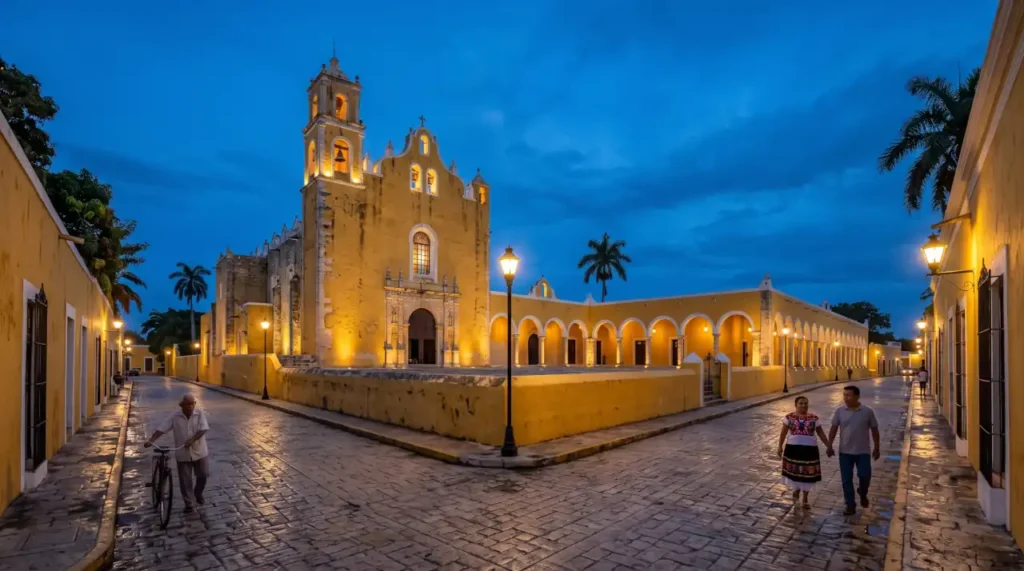 Convent of San Antonio de Padua and the famous yellow colonial buildings of Izamal at twilight.