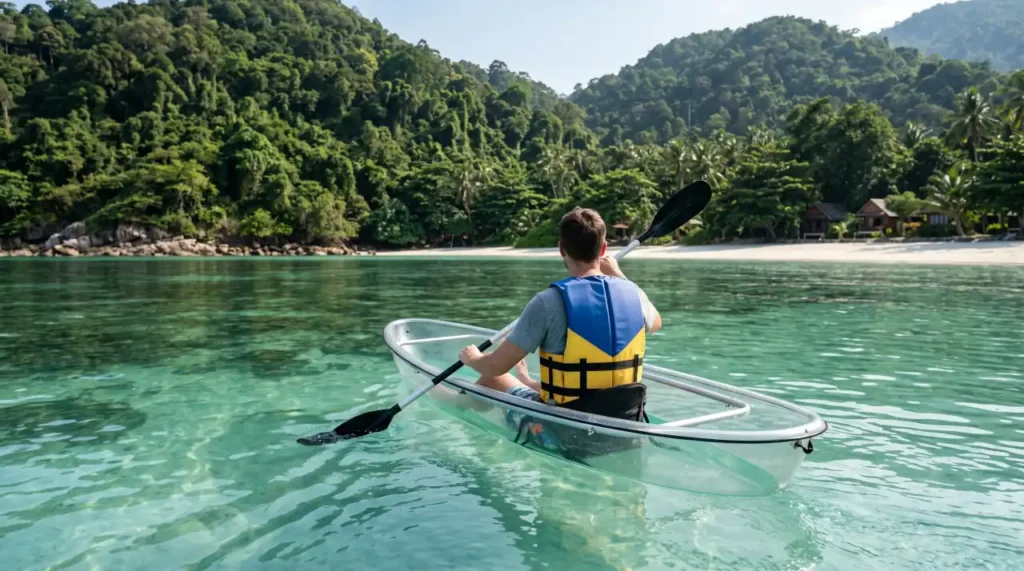 Tourist paddling a kayak through the clear turquoise waters of Bottle Beach in Koh Pha Ngan, Thailand.