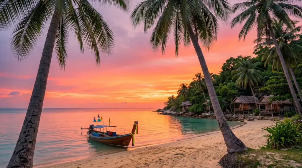 Peaceful sunset over Koh Pha Ngan with calm water, tropical palms, and a tranquil island setting.