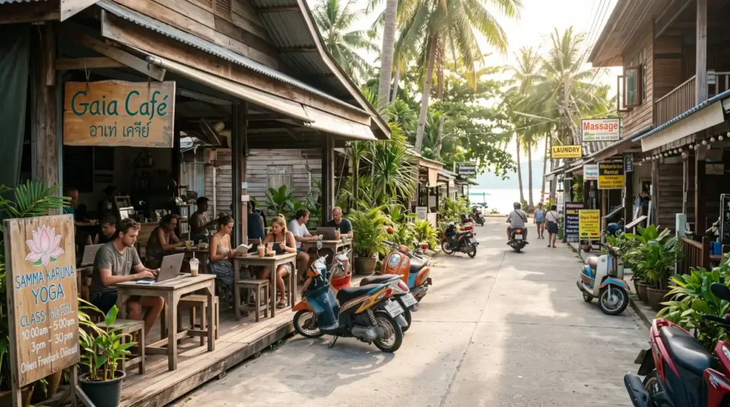 Sri Thanu in Koh Pha Ngan, Thailand, with beachfront cafรฉs, yoga studios, and digital nomads enjoying the island's relaxed lifestyle.