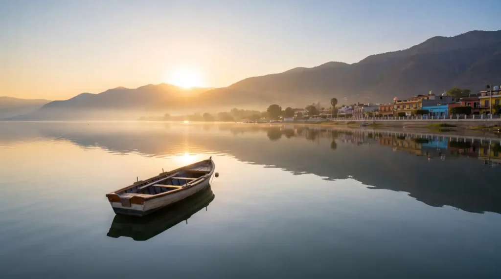 Sunrise over Lake Chapala with a traditional fishing boat near Ajijic, Mexico