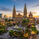 Guadalajara Cathedral and the surrounding historic center at sunset, reflecting the city's culture, architecture, and everyday life.