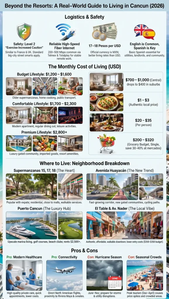 Infographic summarizing the cost of living, neighborhoods, safety, healthcare, transportation, and pros and cons of living in Cancun in 2026.