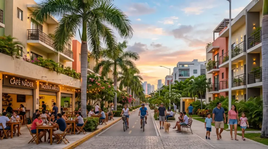Residential evening scene in Downtown Cancun with modern apartments, cafés, palm-lined streets, and locals enjoying everyday life.