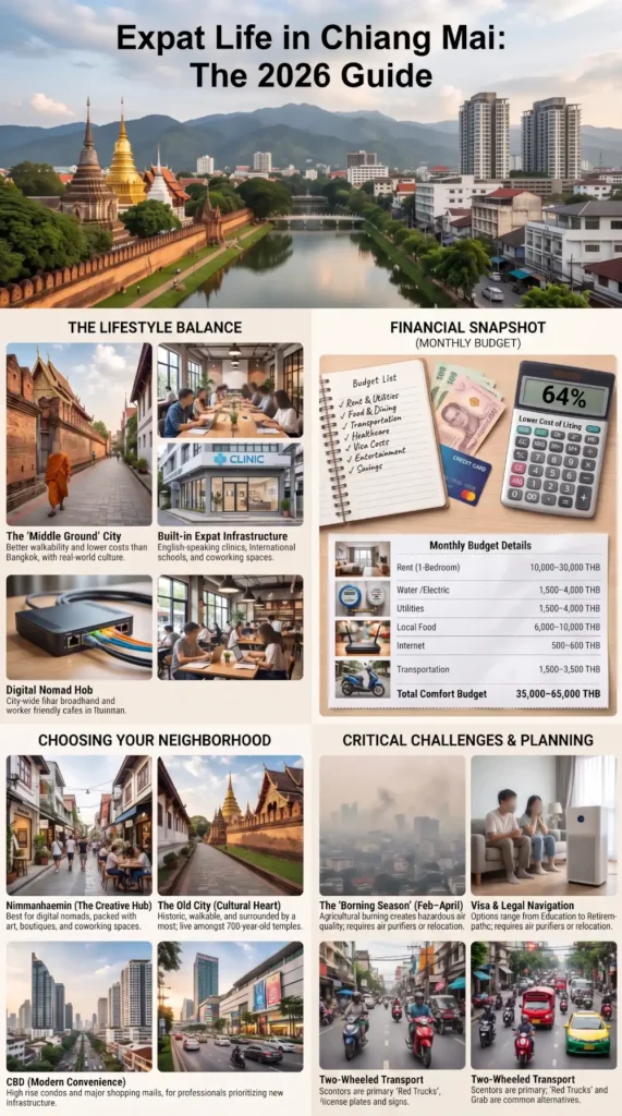 Infographic summarizing what expats should know about living in Chiang Mai in 2026, including costs, neighborhoods, healthcare, digital nomad infrastructure, and burning season.