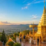 Sunrise view from Wat Phra That Doi Suthep overlooking Chiang Mai, Thailand, with the city's skyline and surrounding mountains.
