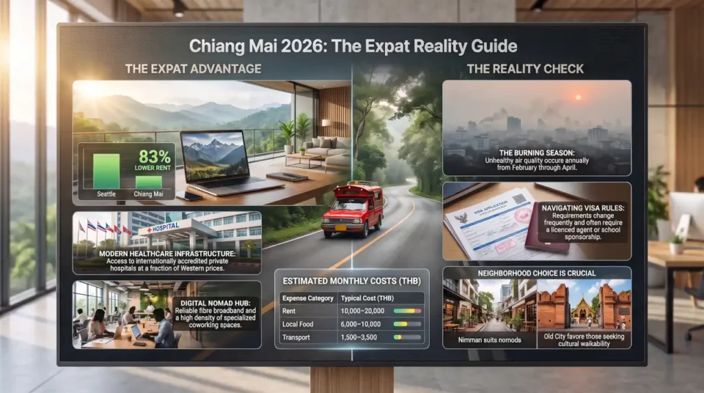 Infographic comparing the advantages and challenges of living in Chiang Mai in 2026, including lower living costs, healthcare, digital nomad infrastructure, burning season, visa requirements, and neighborhood choices.