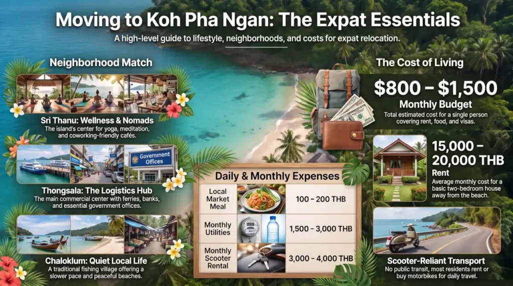 Infographic showing the cost of living, popular neighborhoods, transportation, and monthly budget for expats living in Koh Pha Ngan, Thailand.
