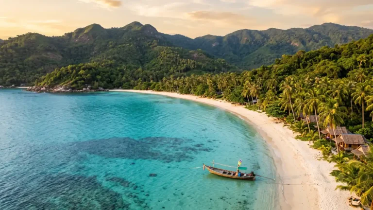 Aerial view of Koh Pha Ngan, Thailand, showing turquoise water, white-sand beaches, coconut palms, and a traditional long-tail fishing boat.