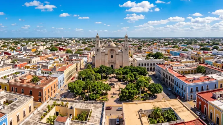 Panoramic view of Mérida, Mexico, featuring colorful colonial architecture, Plaza Grande, and the historic city center on a sunny day.