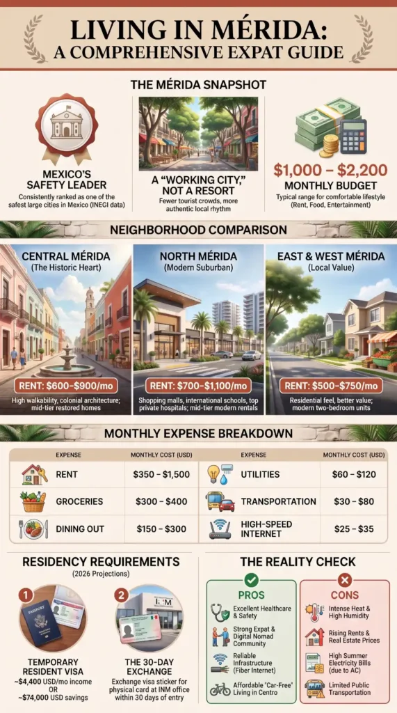 Infographic summarizing living in Mérida, Mexico, including neighborhoods, monthly living costs, residency requirements, and the main pros and cons for expats.