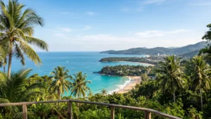 Panoramic view of Phuket's coastline from Karon Viewpoint, featuring turquoise Andaman Sea waters, tropical beaches, lush green hills, and coconut palm trees.