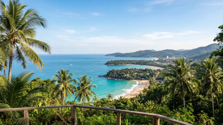 Panoramic view of Phuket's coastline from Karon Viewpoint, featuring turquoise Andaman Sea waters, tropical beaches, lush green hills, and coconut palm trees.