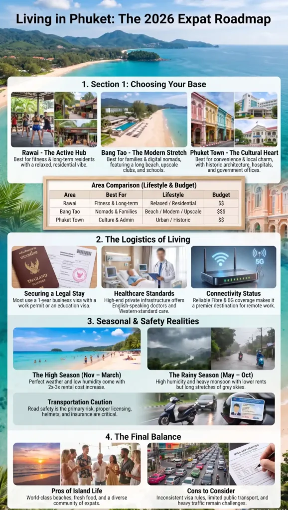 Infographic summarizing living in Phuket in 2026, including the best neighborhoods, visa options, healthcare, seasonal weather, transportation, and the pros and cons of expat life.