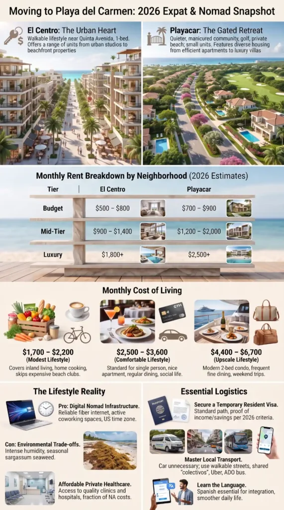 Infographic comparing Playa del Carmen neighborhoods, monthly living costs, rent prices, transportation, healthcare, and lifestyle for expats in 2026.