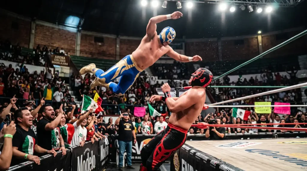 Masked lucha libre wrestlers competing inside Arena Coliseo Guadalajara during a live match