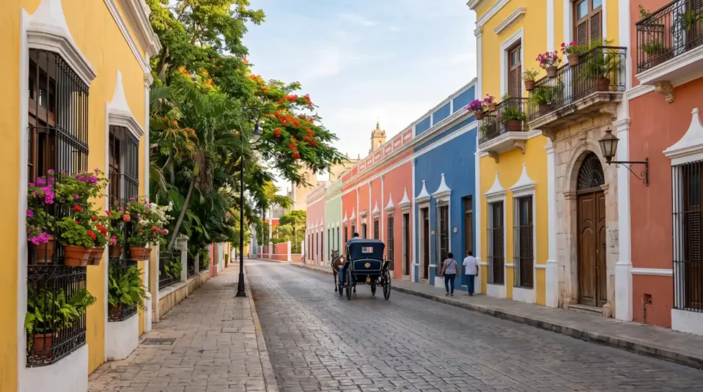 Colourful colonial buildings and historic architecture in Mérida's city centre.