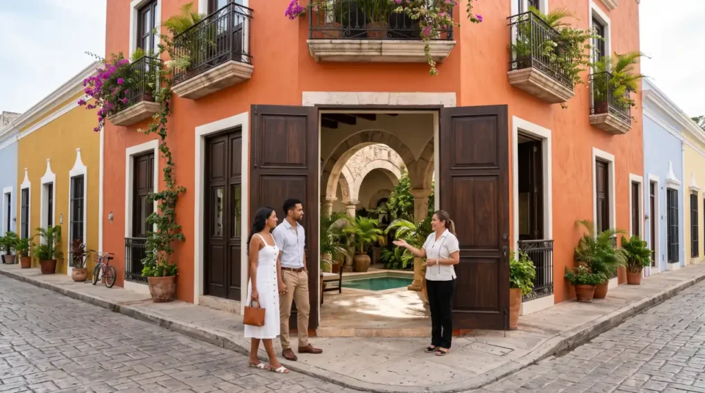 A restored colonial home in Mérida, Mexico, with a traditional courtyard and colorful architecture, representing the city's long-term rental market.