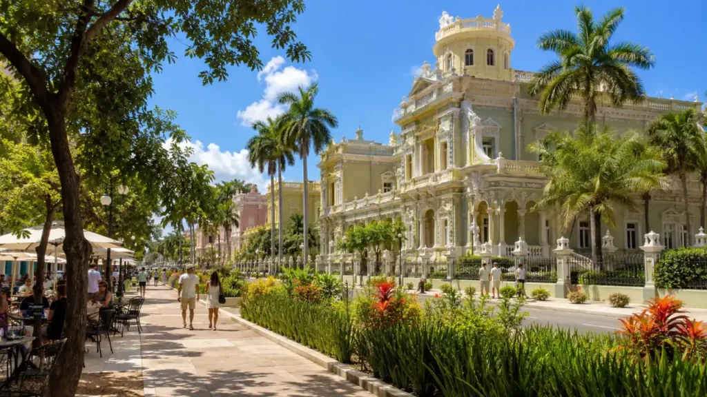 Historic Palacio Cantón on Paseo de Montejo in Mérida, Yucatán, surrounded by palm trees and colonial architecture on a sunny day.