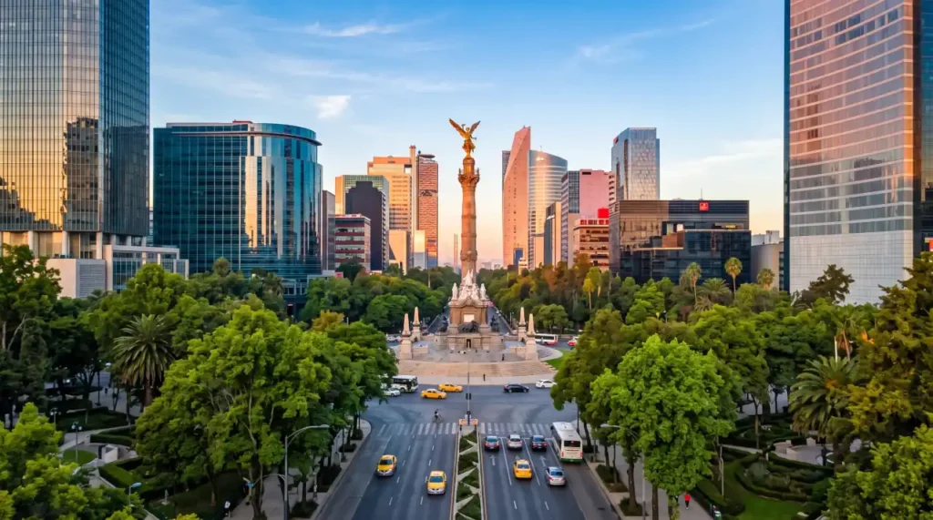 The Angel of Independence monument on Paseo de la Reforma in Mexico City at sunrise.