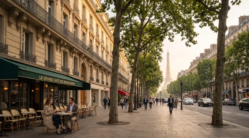 Elegant Haussmann architecture along a Paris boulevard, illustrating the experience of establishing a life in another country.