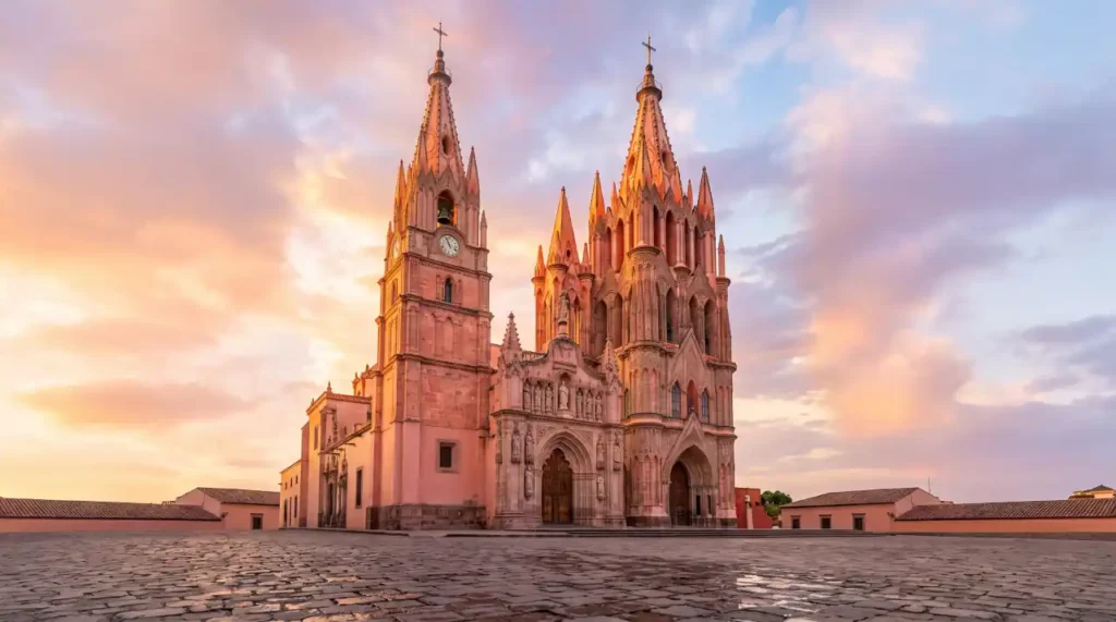 The iconic Parroquia de San Miguel Arcángel illuminated by golden sunset light in San Miguel de Allende.