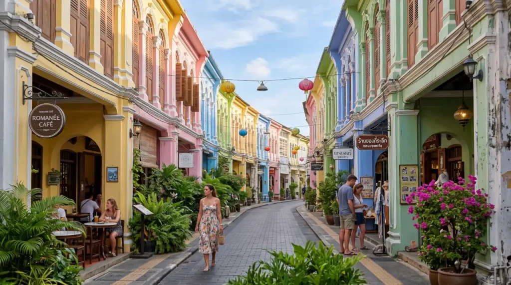 Colorful Sino-Portuguese buildings along a historic street in Phuket Old Town, Thailand.
