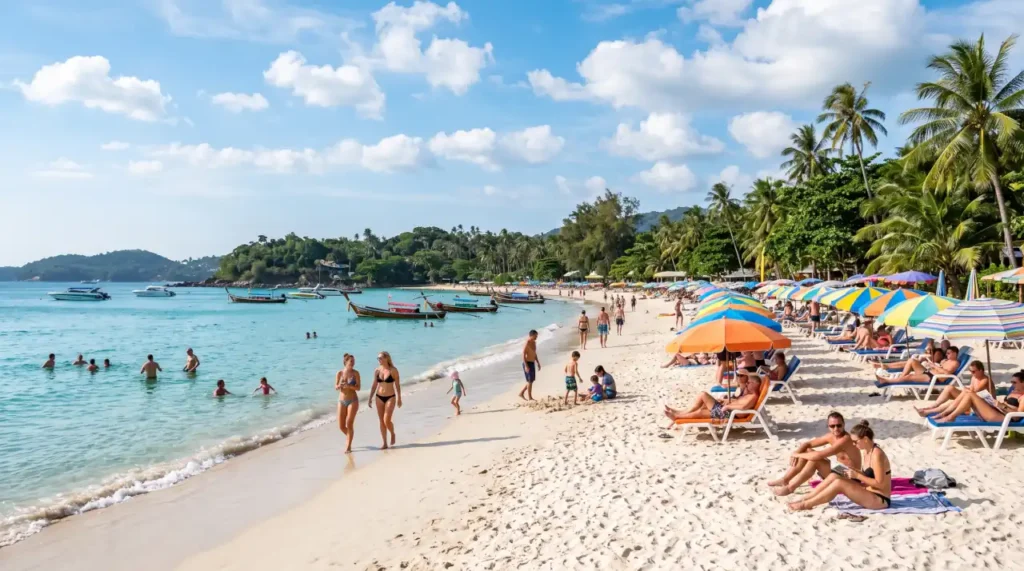 Sandy beach in Phuket with people relaxing under umbrellas, swimming, and enjoying the tropical coastline.
