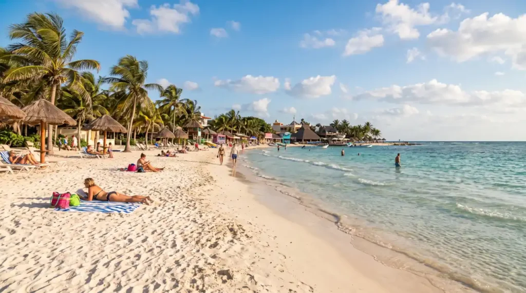 Sunny beach in Playa del Carmen with white sand, turquoise Caribbean water, and palm trees.