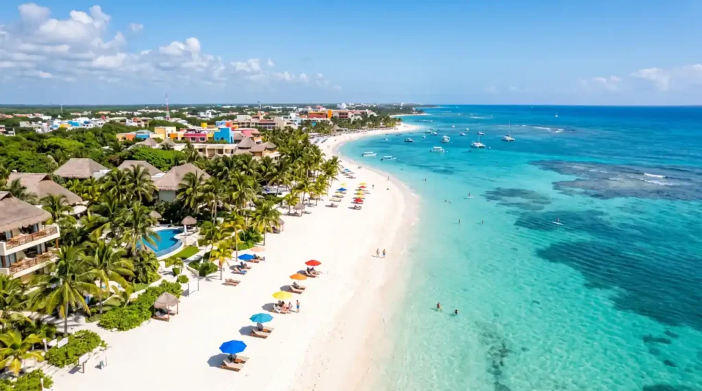 White sandy beach and turquoise Caribbean Sea in Playa del Carmen under bright sunshine.