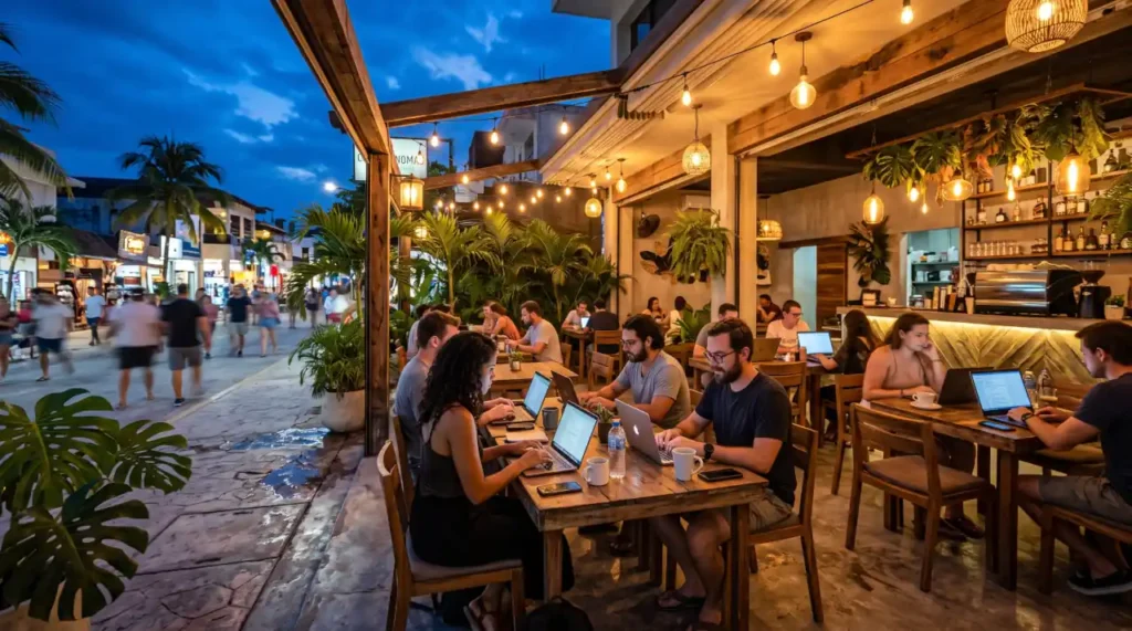 Digital nomads working from an outdoor cafรฉ in Playa del Carmen during the evening.
