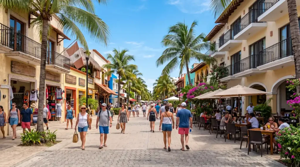 Quinta Avenida in El Centro, Playa del Carmen, with restaurants, shops, and pedestrians on a sunny day.